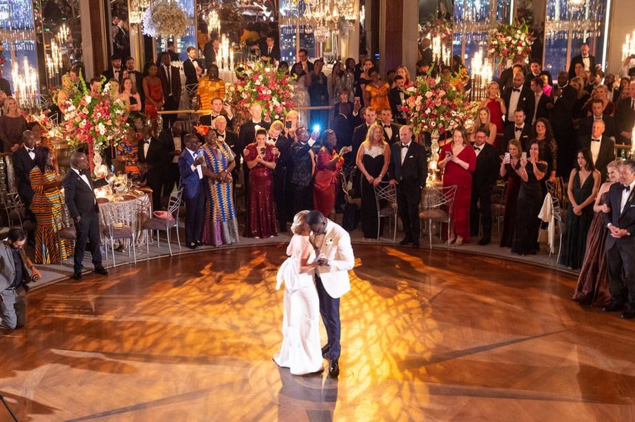 bride and groom first dance at their rainbow room wedding