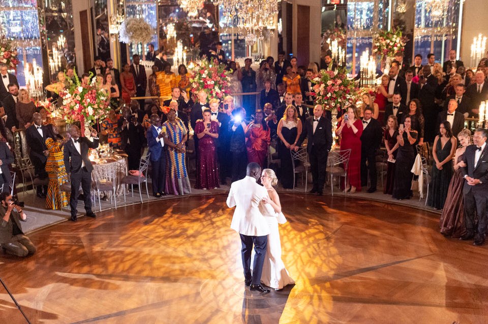 bride and groom first dance at their rainbow room wedding
