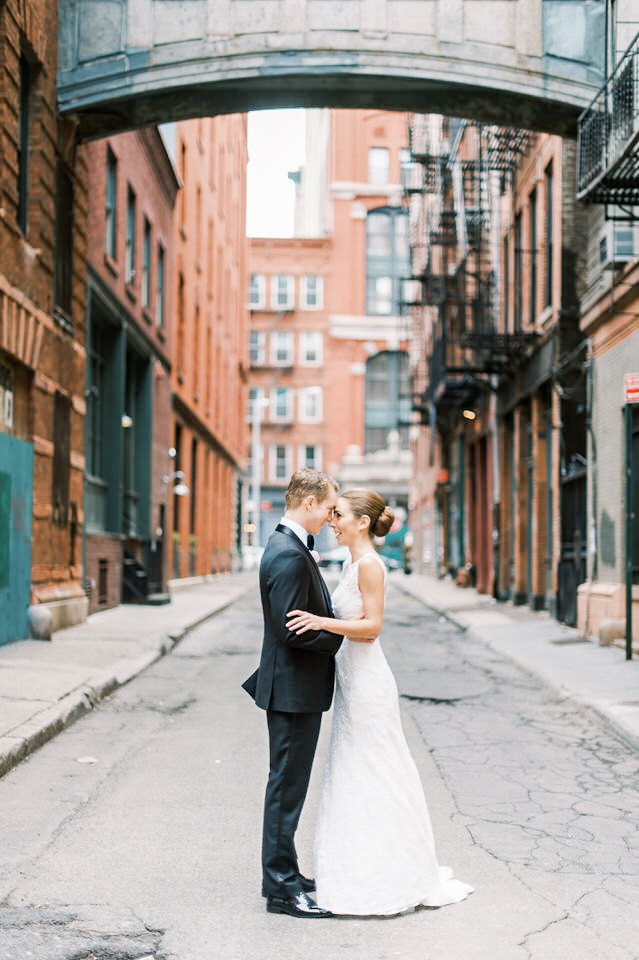 bride and groom first look at staple street in nyc