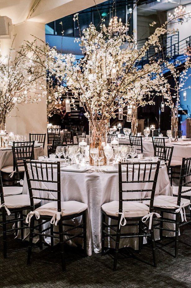 cherry blossom wedding reception details at tribeca rooftop